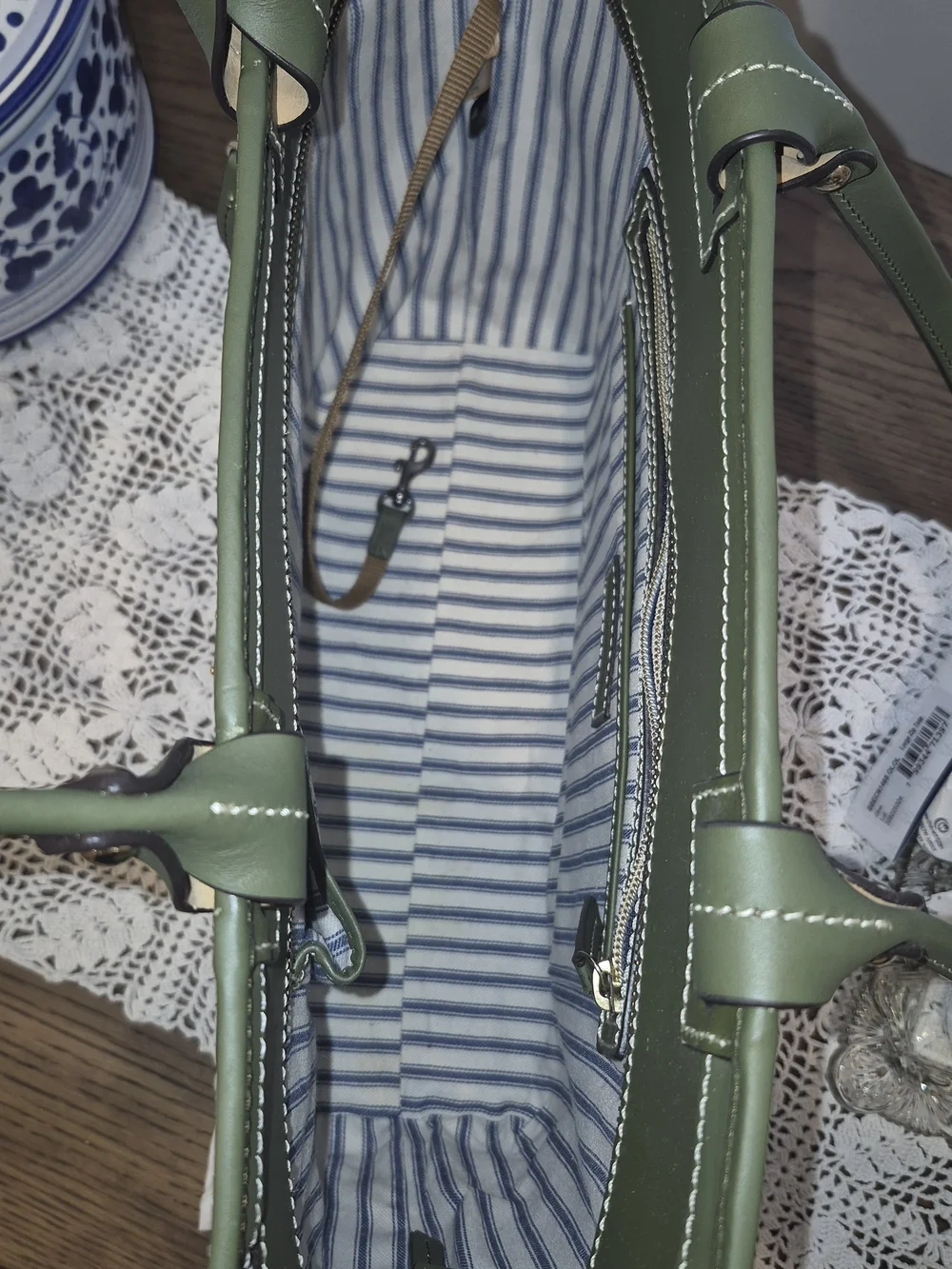 Dooney & Bourke Olive Green Beacon  Leather Tote with Front Zip Pocket